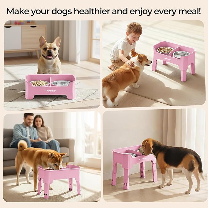 URPOWER Mess Proof Elevated Dog Bowls 4 Height Adjustable Raised Bowl Stand with 2 Stainless Steel Dog Bowls Non-Slip Food and Water Bowl Set for Small and Medium Dogs, Pink