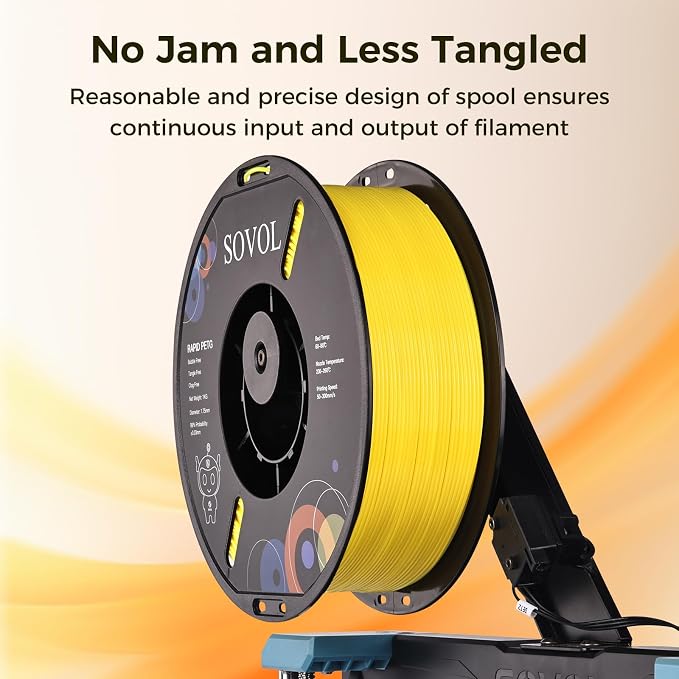 Sovol 3D Printer Rapid PETG Filament 1.75mm 1KG (2.2lbs), High Precision, Strong Toughness, Wiring Tightness, Dimensional Accuracy +/- 0.03 mm, 3D Printing High Speed PETG Filaments, Yellow