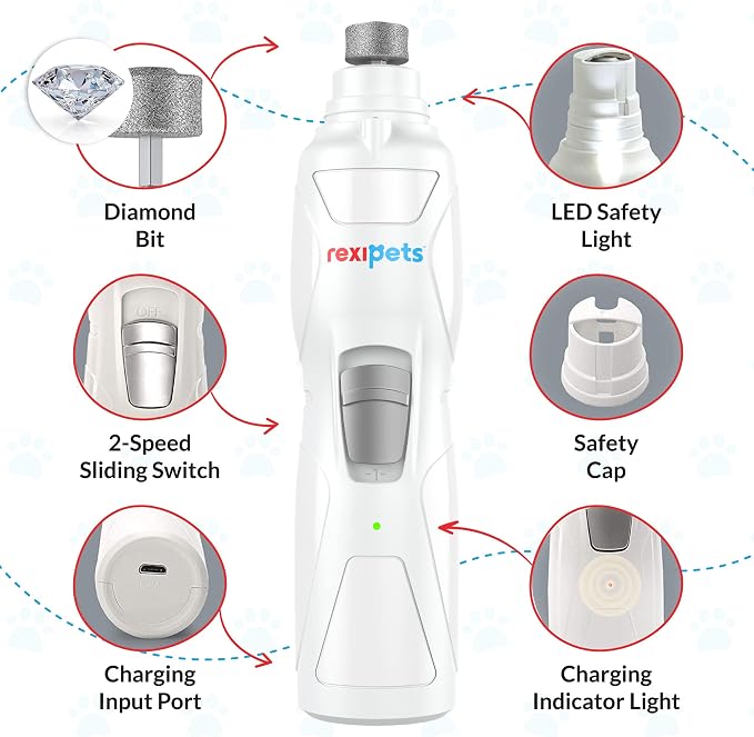 REXIPETS Cat and Dog Nail Grinder, Quiet 2-Speed Motor