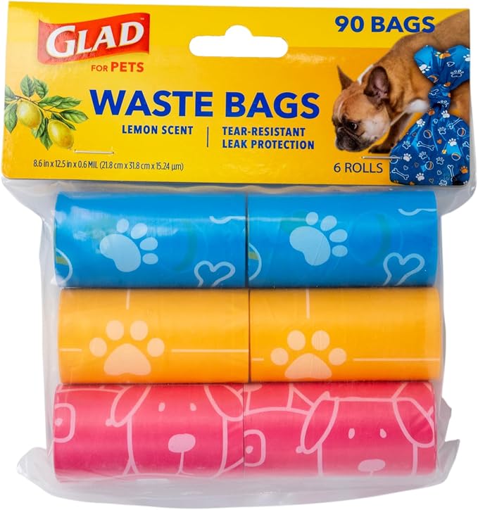 Glad for Pets Scented Dog Waste Bags, Tear-Resistant Pet Poop Pick-up Bags with Leak Protection, Lemon Fresh Scent, Fun Multicolor Bag Designs, 6 Rolls, 90 Bags Total
