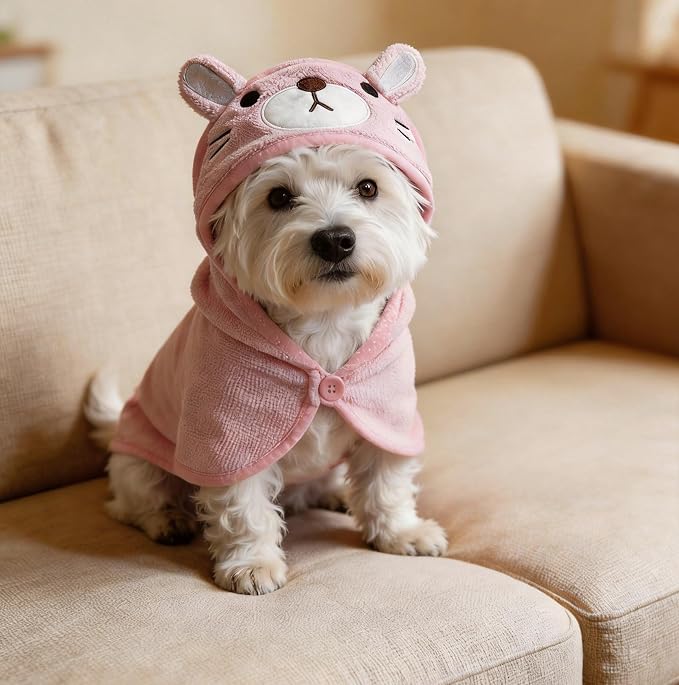 Dog Hooded Bathrobe Towel, Fast Drying Bath Towel Absorbent Warm Blanket Pink M