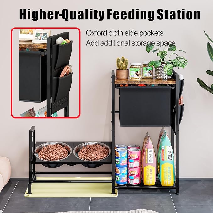 Elevated Dog Bowl Stand with Toy Basket Adjustable Metal Feeding Station Cabinet with Non-Slip Silicone Mat Pet Storage Organizer for Large Medium Small Dogs and Cats Black Include 2 Dog Bowl