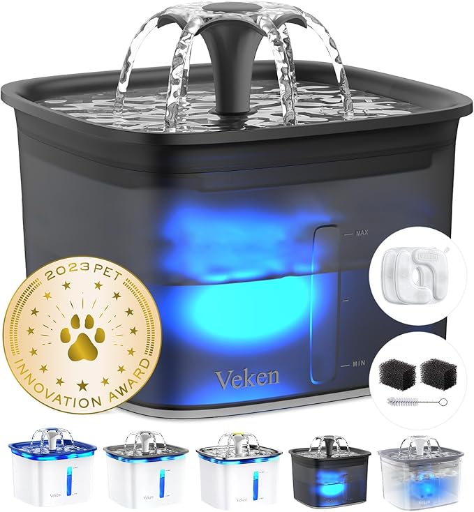Veken Innovation Award Winner 95oz/2.8L Pet Fountain, Automatic Cat Water Fountain Dog Water Dispenser with Replacement Filters for Cats, Dogs, Multiple Pets (Space Black, Plastic)