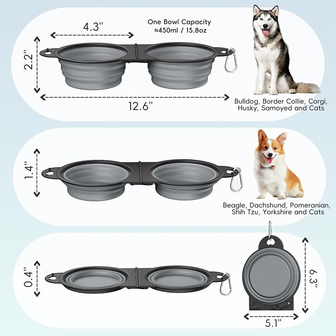 Pawaboo 2-in-1 Collapsible Dog Bowl, 450ml, Gray