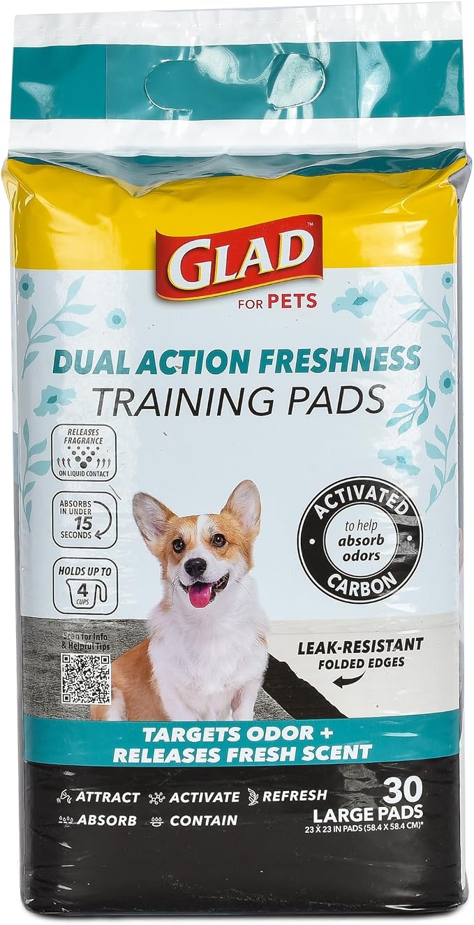 Glad for Pets Dual Action Freshness Activated Carbon Puppy Pads, Fragrance Release, Scented Odor Control, 6-Layer Leak-Proof, Pheromone Attractant, 23 x 23 Inch, 30 Count