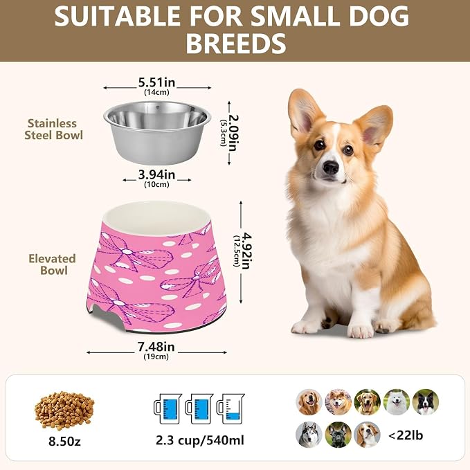 Blueangle Elevated Dog Bowls with Stainless Steel - Non-Slip 2.3 Cup High Capacity Pet Dish for Spinal Health & Dots Bows Design（385）