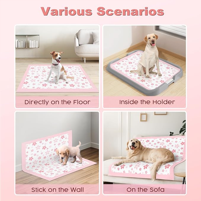 MIZOK Dog Pee Pads Extra Large 28"x34", Potty Pads for Big Dog Breeds, Super Absorbent & Leak-Proof, Pink Cherry Blossom Prints, Thick & Heavy, 4-Corner Adhesive Tabs, XL (30 Counts)