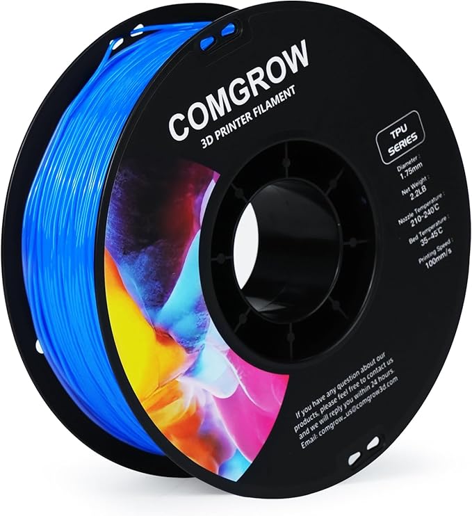 Comgrow TPU Filament 1.75, 3D Printing Filament, Flexible 3D Printer Filament, 95A Soft 3D Printing Filament fit Most 3D Printers Dimensional Accuracy +/- 0.02mm Filament TPU Blue 1kg (2.2lbs)