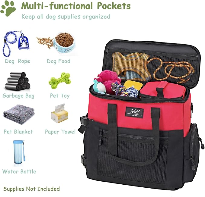 WOLT Dog Travel Bag with Bowls, Food Containers & Place Mat, Red