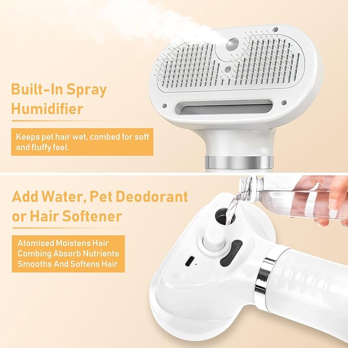4-in-1 Pet Grooming Station: Steam Comb & Hair Dryer with Water Tank, 3 Heat Settings, Shedding Brush for Cats and Dogs, Home Washing Station, White