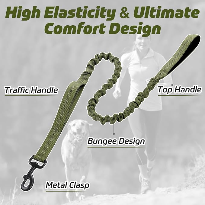rabbitgoo Tactical Dog Leash, Heavy Duty Training Bungee Lead | Military Leash with 2 Padded Control Handles for Medium Large Dogs, No Pull for Shock Absorption, Reflective, Green, 5.2FT