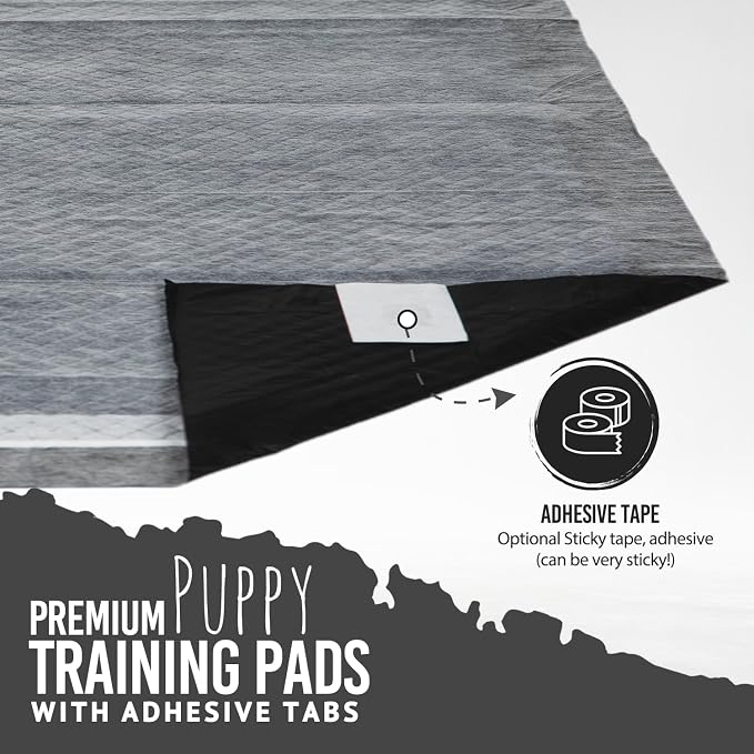 Bulldoglogy Carbon Black Puppy Pee Pads with Adhesive Sticky Tape - Extra Large Charcoal Housebreaking Dog Training Wee Pads (24x35) (60-Count, Black)