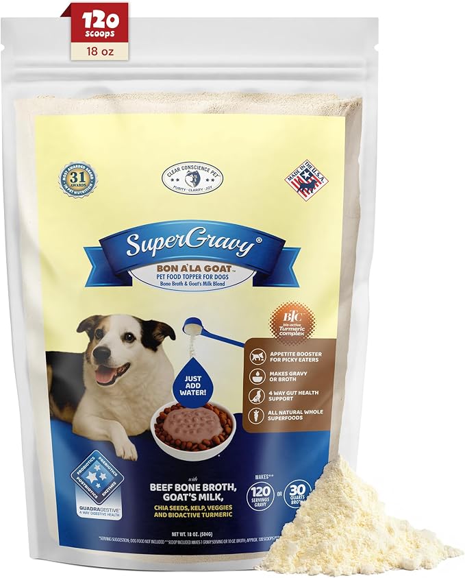 CLEAR CONSCIENCE PET® Bon A'la Goat SuperGravy® Dog Food Topper Hydration Broth Mix Greek Yogurt Cheese Blend Kibble Seasoning Probiotics Prebiotics Enzymes Taurine 18 oz. 120 Scoop, All Life Stage