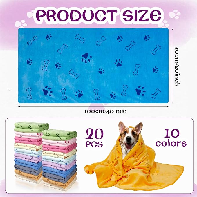 20 Pcs Dog Towels for Drying Dogs Bulk 20 x 40 Inch Quick Drying Pet Bath Towels Colorful Pet Grooming Towel Absorbent Microfiber Towel for Small Medium Large Dog Puppy Cat (Multicolor)