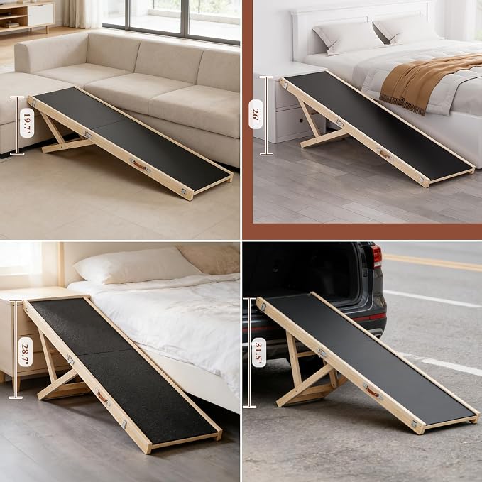 Dog Ramp for High Bed, Couch, Car, 64" Long Foldable Pet Ramp & 5 Adjustable Heights 19.7"-31.5" Wooden Dog Step with Anti-Slip Yoga Mat for Small Medium Large Older Pets, up to 200lbs