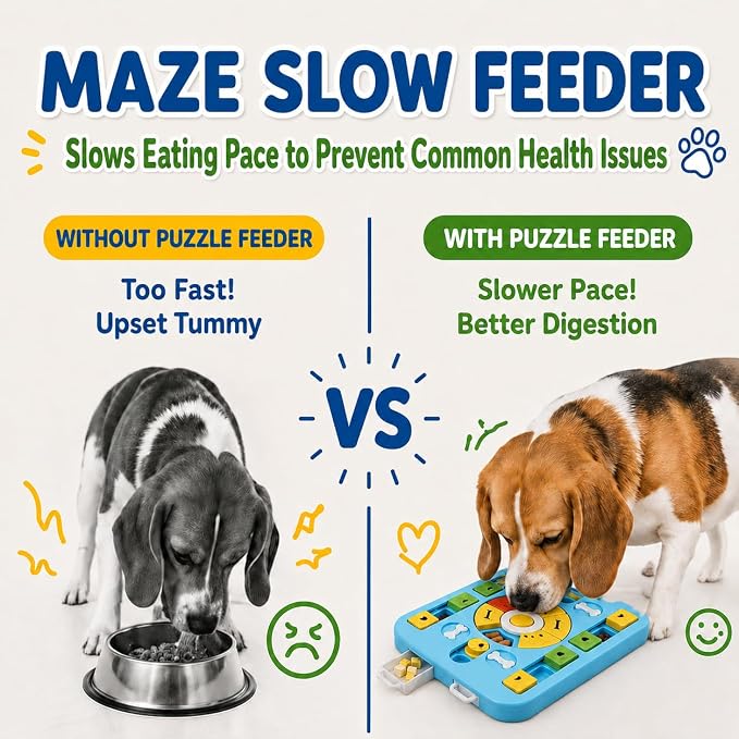Interactive Dog Puzzle Toy, Maze Slow Feeder, 15.4 in | Dog Treat Puzzle, ABS and PP plastic, non-slip rubber feet, top-rack dishwasher care, light blue, Cat Treat Puzzle