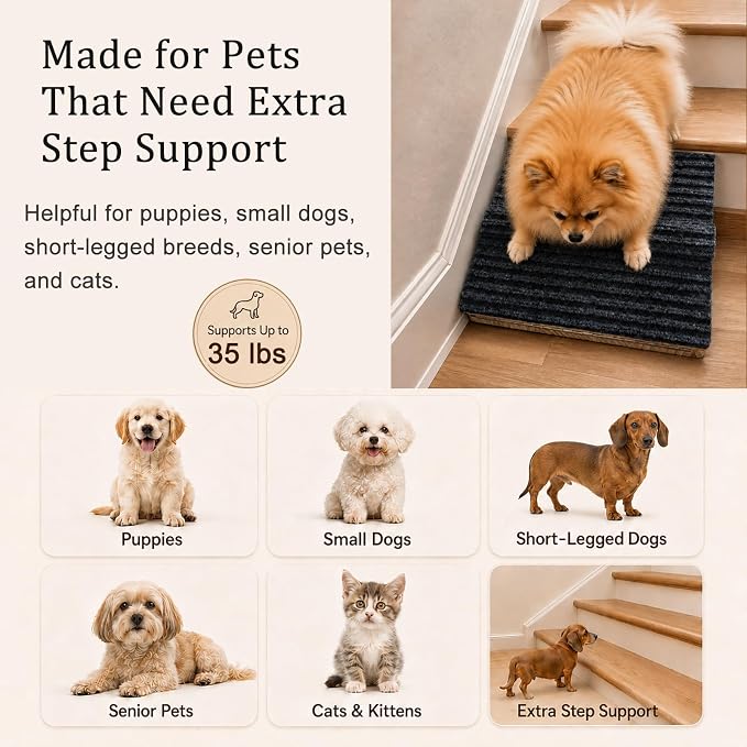 3 Pack Dog Ramp for Stairs – Solid Wood Adjustable & Foldable, 4 Heights, Non-Slip Silicone Base, Traction Felt, Raised Pause Strip, 35lb for Small & Senior Dogs