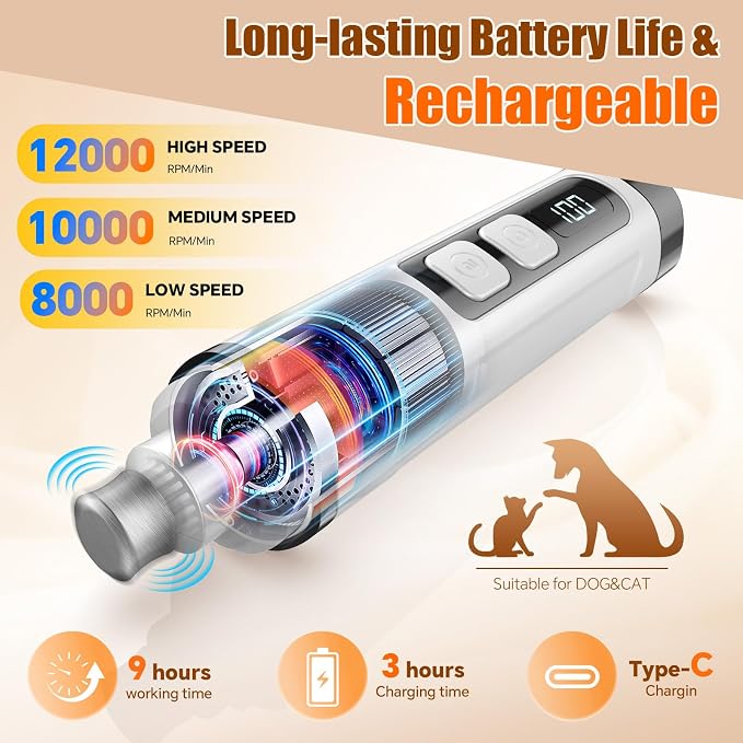 Electric Dog Nail Grinder, 3 Speeds with Lights - Black