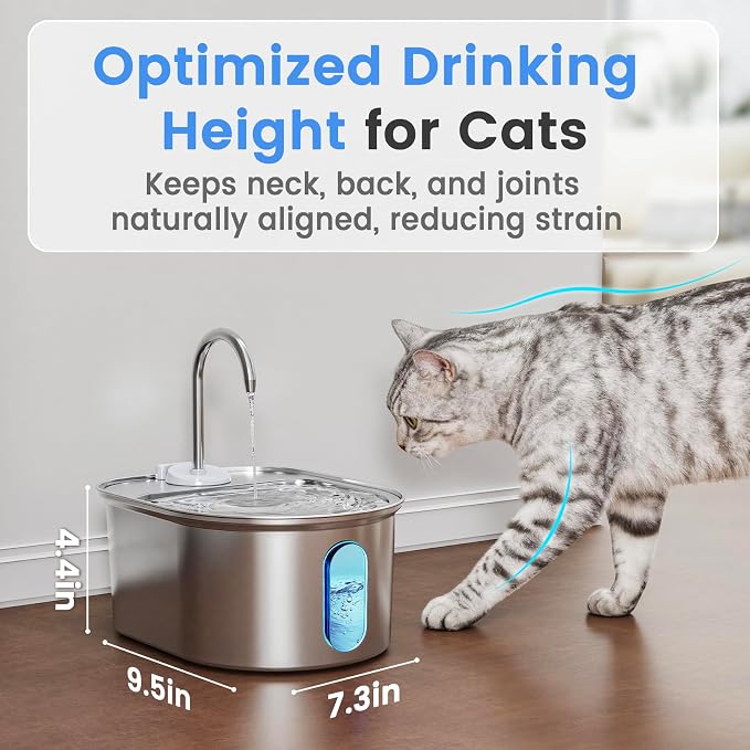 Stainless Steel Cat Water Fountain, 108oz/3.2L Automatic Pet Water Dispenser with Ultra-Quiet Pump, Safe Auto Shut-Off & Water Level Window for Cats and Dogs Indoors - Includes 1 Filter