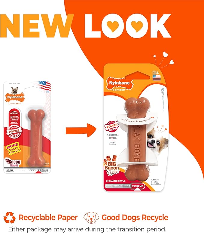 Nylabone Power Chew Classic Bone Chew Toy for Dogs, Durable Dog Toys for Aggressive Chewers, Bacon Flavor, X-Small/Petite - Up to 15 lbs. (1 Count) | Durable, discourages destructive chewing, long lasting, flavor throughout, keeps dogs busy, for dogs u...