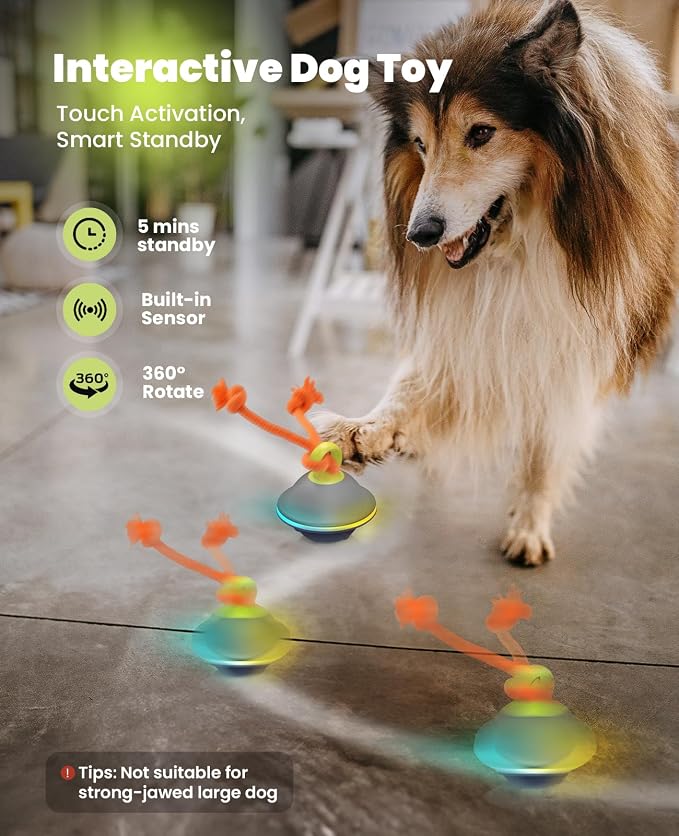 Xeuch Interactive Dog Ball with Rope, Motion Activated Moving Rolling Toy | 3 play modes, voice recording, 7 LED lights, silicone shell, Type-C rechargeable, 4-hour playtime for small and medium dogs
