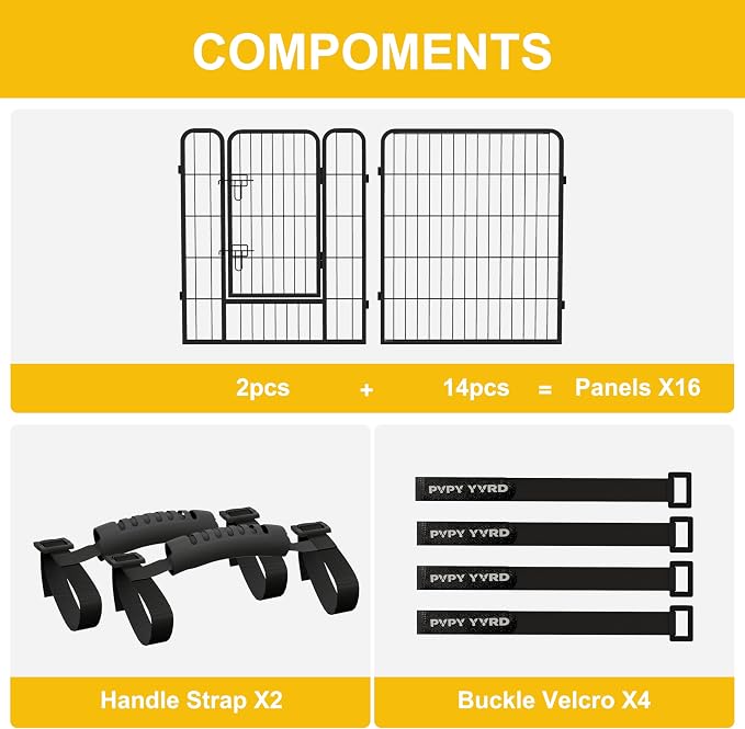 Outdoor Dog Playpen, Metal Fence with Gate, 32in, 16 Panels, Black Silver