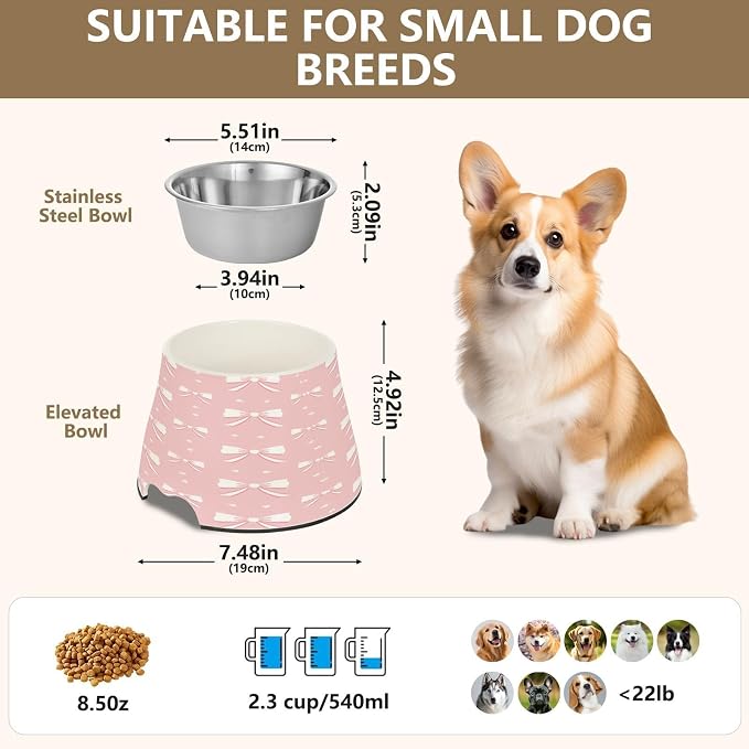 Blueangle Elevated Dog Bowls with Stainless Steel - Non-Slip 2.3 Cup High Capacity Pet Dish for Spinal Health & Pink Ribbon Bow Design（109）