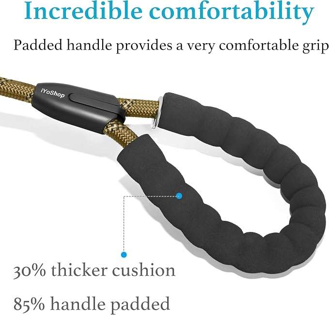 iYoShop Double Dog Leash, 360° Swivel, No Tangle, Large, 25-150 lbs, Khaki | Dual Leash for Two Dogs, Split Leash, Shock-Absorbing Bungee, Padded Handle, Heavy-Duty Rope