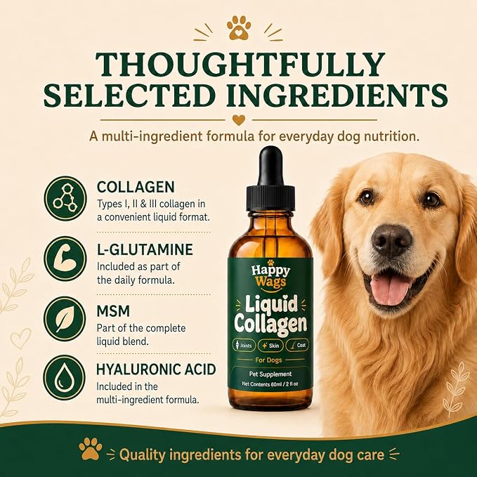 Happy Wags Premium Liquid Collagen for Dogs, Joint Care, Skin & Coat, Coat Support, 2 fl oz