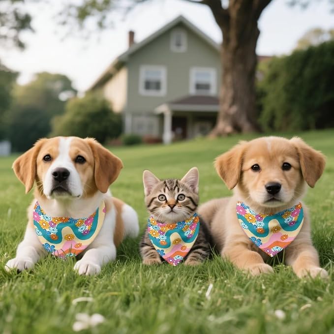 Forchrinse Hippie Flower Dog Bandanas Triangle Dog Bib Scarf Washable Pet Bandana Dog Kerchief, One Size, 1-Pack, Polyester, Hippie Floral Printed