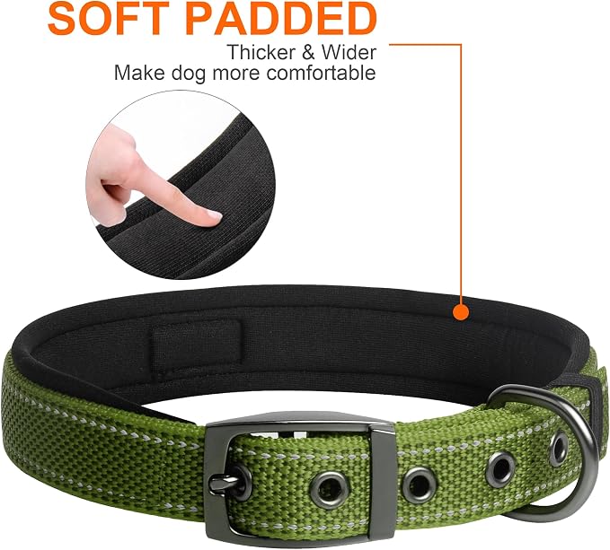 Fida Heavy Duty Dog Collar for Large Dogs with Metal Belt Buckle, Green | Soft Neoprene Padded for Extra Comfort, Thicker Nylon Webbing, Adjustable Fit, Reflective Stitching for Night Safety