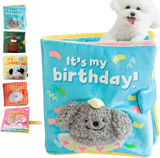 Cute Dog Birthday Toy Squeaky Snuffle Mat for Small Medium Dogs Interactive Plush Book Treat Puzzle for Puppy Crinkle Gifts (Blue)