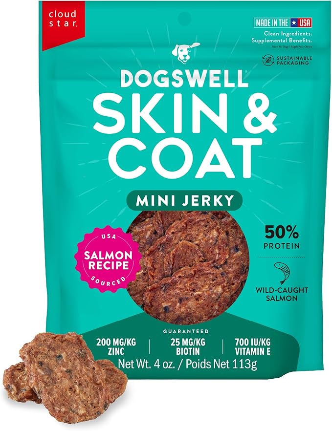 DOGSWELL Skin & Coat Mini Jerky Dog Treats, Salmon, 4 oz. Pouch