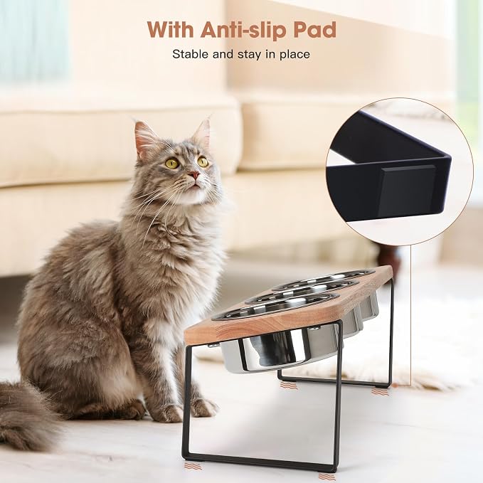 Elevated Cat Bowls with 3 Stainless Steel Bowls, 15° Tilted Raised Cat Food Bowl Wood Pet Bowls with Stand Anti Vomiting 2 Stainless Steel Bowl for Cats and Puppy