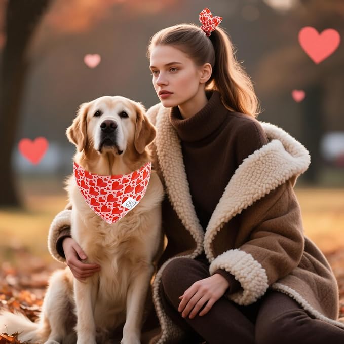 E-Clover Mother's Day Heart Dog Bandanas & Matching Scrunchie Set Cute Girl Dog Scarf, Large-set of 1, Medium, Red