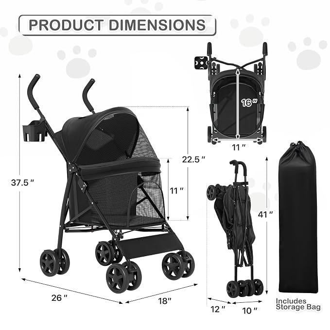 MoNiBloom 4-Wheel Foldable Pet Stroller - Black, up to 22lbs