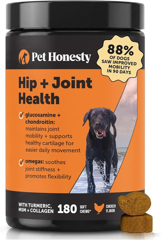 Hip + Joint Supplement for Dogs with Glucosamine Chondroitin - MSM, Turmeric & Collagen Soft Chews - Joint Function, Stiffness, and Mobility Support, May Reduce Occasional Discomfort (Chicken, 180 Ct)