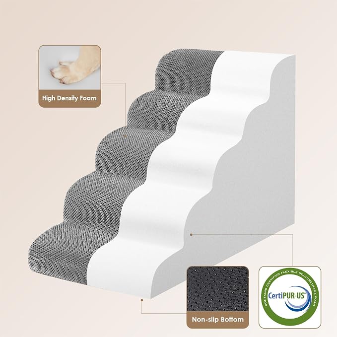 EHEYCIGA Curved Dog Stairs Ramp for High Beds, 5-Step Extra Wide Dog Steps for Small Dogs and Cats, Pet Stairs for High Bed Climbing, Non-Slip Balanced Pet Step Indoor, Grey
