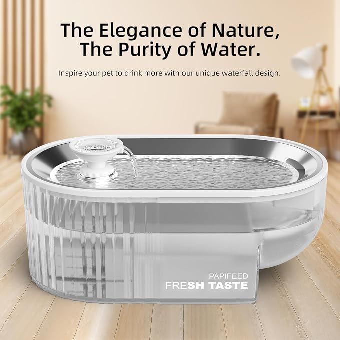 Cat Water Fountain Stainless Steel with a Silicone Mat, 84oz/2.5L Automatic Cat Water Fountain with Water Level Window and LED Light, Quiet Low Power Cat Water Bowl & Cat Water Dispenser(White)