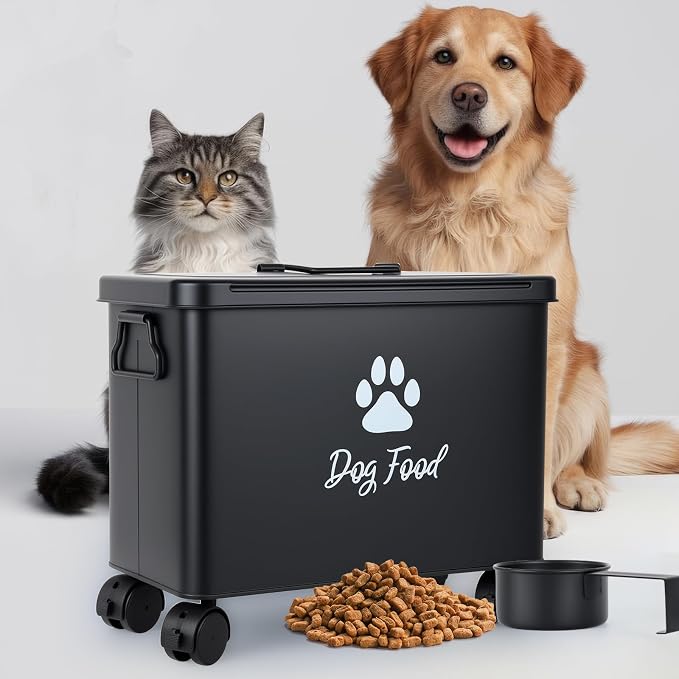 Dog Food Container 13lb, The storage container for small and medium-sized dog and cat food measures 13 inches (length) x 7.1 inches (width) x 11 inches (height), with enough space to hold 13 pounds of pet favorite dry food., 13lb, Metal, Black-L