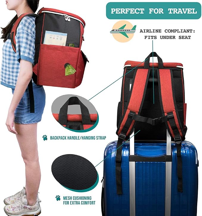 PetAmi Dog Travel Bag Backpack, Airline Approved Dog Bags for Traveling, Puppy Diaper Bag Supplies, Pet Camping Essentials Hiking Accessories Dog Mom Gift, Food Container, Collapsible Bowls, Red