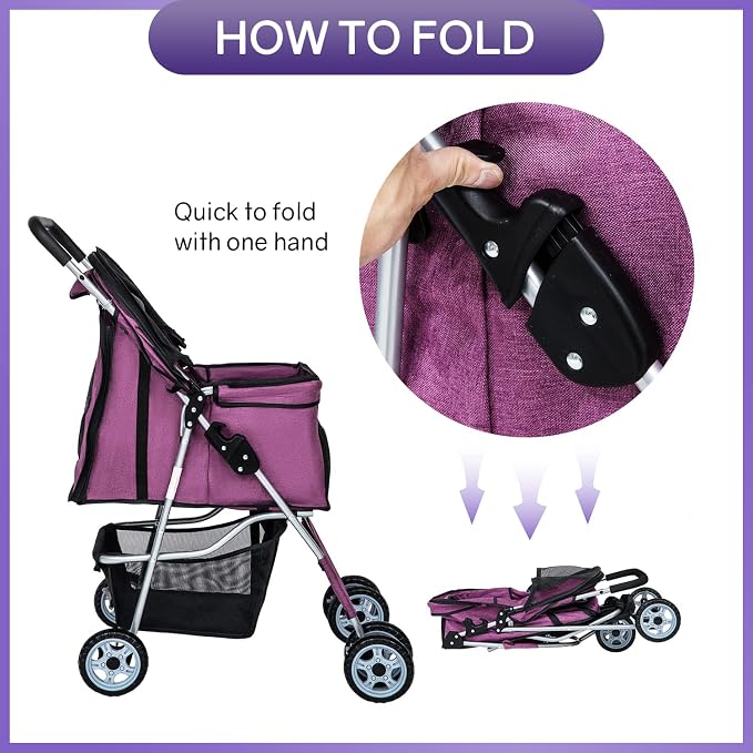 BestPet Pet Stroller - Purple, 4 Wheels