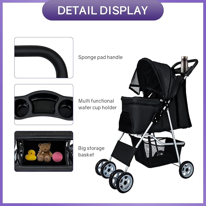 BestPet Pet Stroller - Black, 4 Wheels