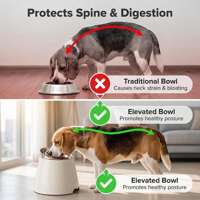 Elevated Single Dog Bowl with Stainless Steel Bowl, Orthopedic Neck Protection Non-Slip Pet Food & Water Bowl for Small Medium Dogs, Cone Friendly, Senior Spaniel Long-Eared Dogs (White, Size M)