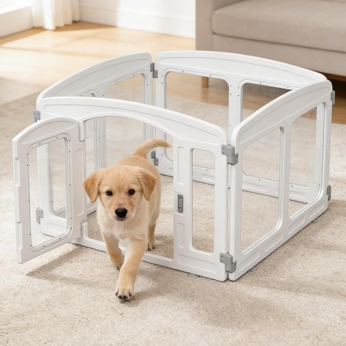 Clear Acrylic Dog Playpen Indoor, Height 24 inch, 6 Panels for Small and Puppy Dogs, White