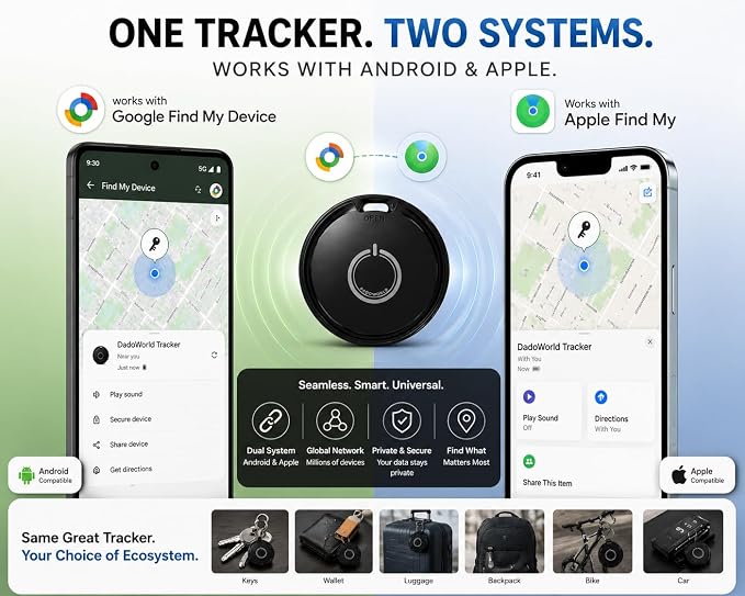 Smart Tag for Android & iPhone, Bluetooth Tracker Works with Google Find My Device & Apple Find My, GPS Item Finder for Keys, Wallet, Luggage & Pets, Loud Alarm, Replaceable Battery by DadoWorld