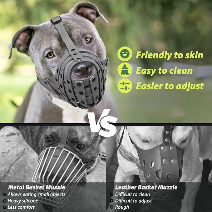 Pitbull Dog Muzzle for Large Medium Dogs Prevent Biting Scavenging | Fits Rottweiler Amstaff Broad-nosed Breed, Sturdy Breathable Basket, Training Walking Use, Allows to Drink | Grey, L