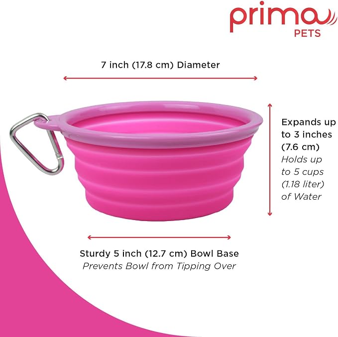 Collapsible Silicone Water Travel Bowl with Clip, Large 5 Cups, Pink, 2 Pack