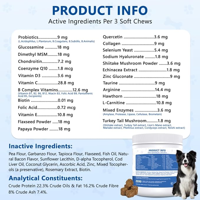 Dog Vitamins and Supplements, Dog Multivitamin Chewable with Glucosamine Probiotics Omega-3, Multivitamin for Dogs Skin Coat Heart Joint Liver Brain Eyes Immune Support, Bacon Flavor, 150 Count