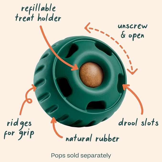 WOOF Pupsicle Interactive Dog Ball Toy for Dogs 25-75 lbs - Green | Long-lasting enrichment toy for medium/large dogs, easy-fill design, low-mess play, made of natural rubber, easy to clean
